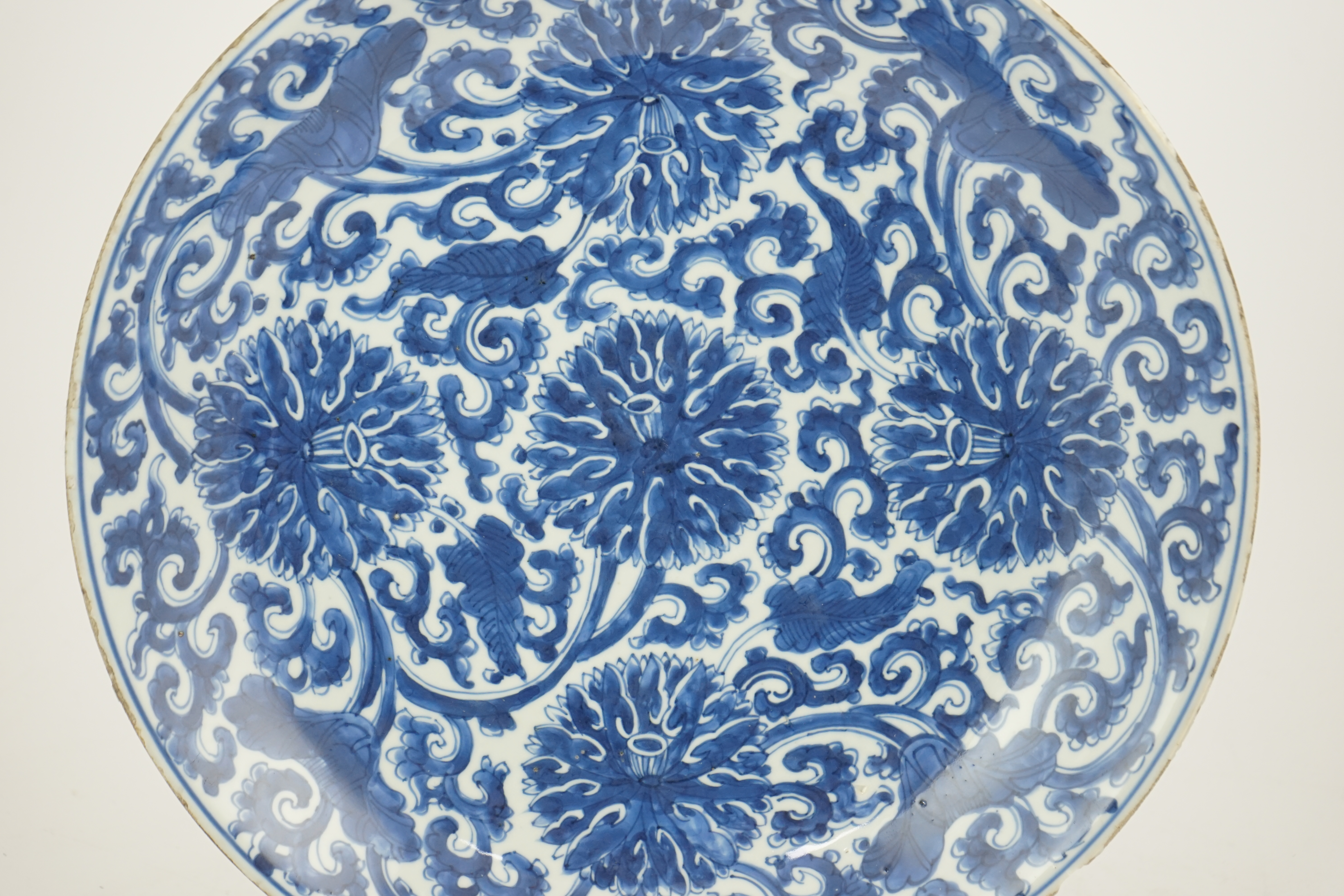 A large Chinese blue and white ‘lotus’ dish, Kangxi period